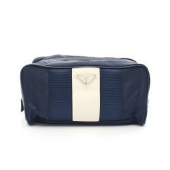 Prada Shoulder Bag Nylon Saffiano Leather Navy Blue Ivory White - Picture 1 of 8